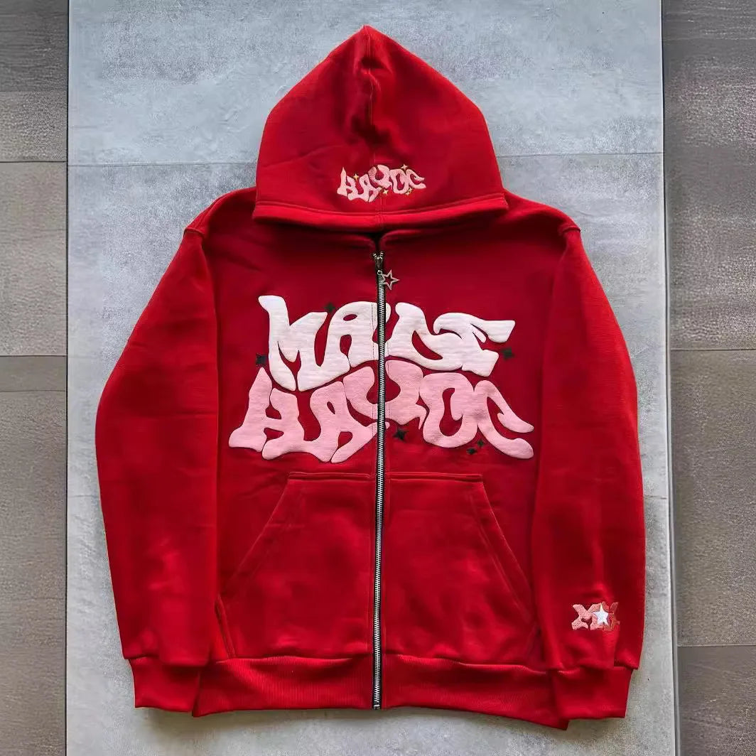 Retro Star and Letter Printed Zipper Hoodies 2025 Spring Autumn Harajuku Y2K Women and Men Fashion Hip Hop Long Sleeve Hooded